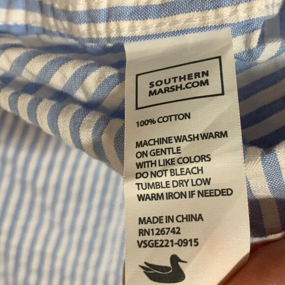 Southern Marsh Shirt Men Sz Medium Seersucker Short Sleeve Button Blue Preppy - Picture 9 of 9